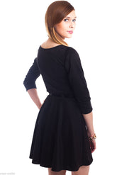 Kaamastra Black Plain Belted Skater Dress